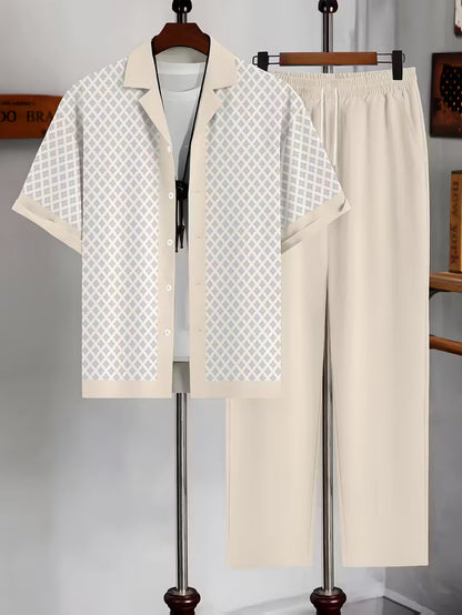 Coastal two-piece set for women. Breezy, relaxed fit top and bottoms with a stylish geometric pattern for summer.
