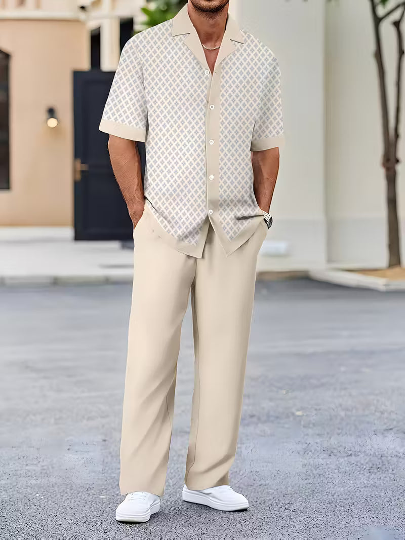 Matching women's coastal summer outfit with a relaxed fit. Breezy geometric two-piece set for comfort.