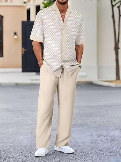 Matching women's coastal summer outfit with a relaxed fit. Breezy geometric two-piece set for comfort.