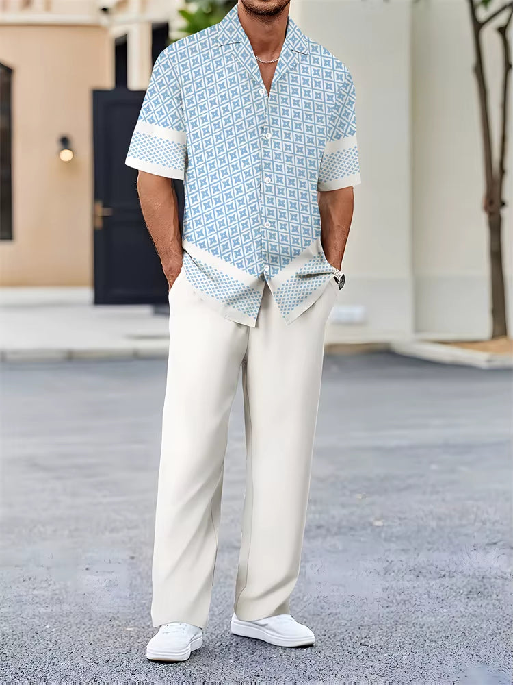 Women's effortless coastal two-piece set with a unique geometric design. Breezy summer outfit, relaxed fit.