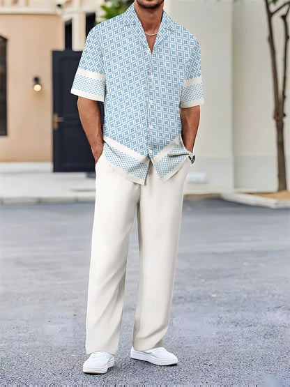 Women's effortless coastal two-piece set with a unique geometric design. Breezy summer outfit, relaxed fit.