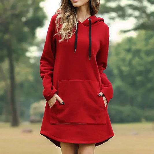 Women's effortless cocoon hoodie dress. Relaxed fit, A-line, cozy for ultimate comfort and everyday wear.