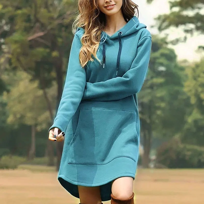 Women's warm A-line hoodie dress. Cozy relaxed fit perfect for autumn & winter comfort and style.