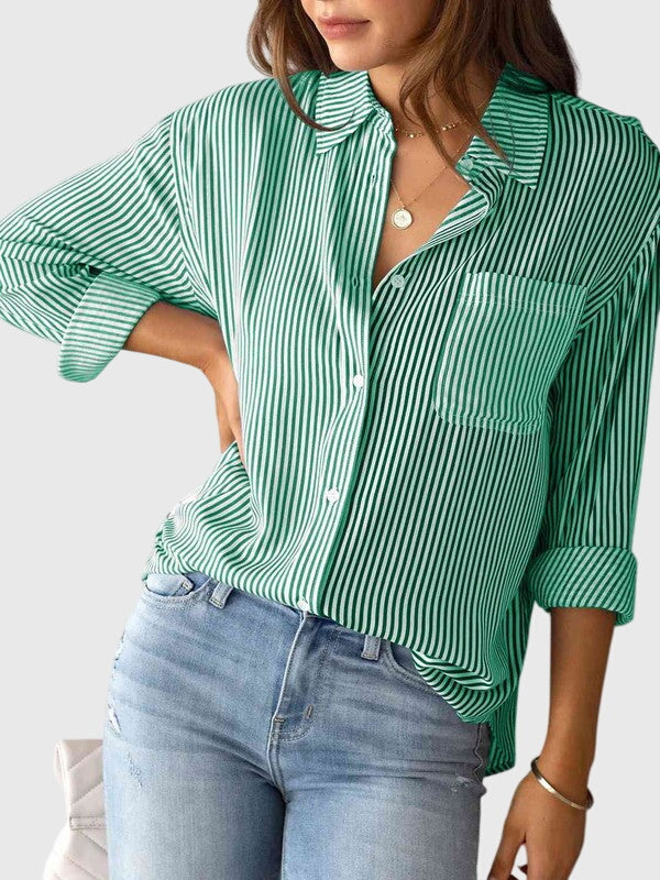 Versatile women's collared long sleeve shirt, ideal for effortless spring, summer & daily looks.