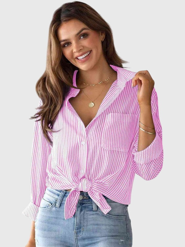 Elegant women's collared top, long sleeve shirt, perfect for versatile office or daily wear.