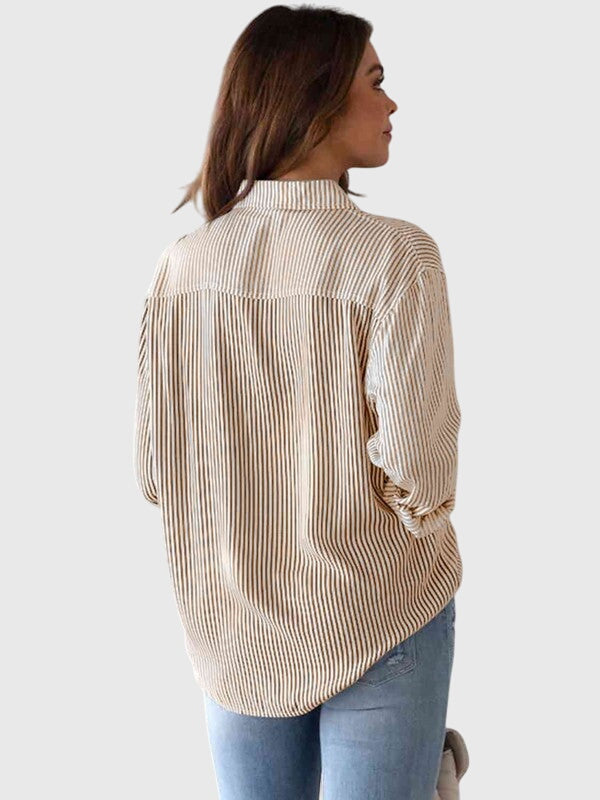 Stylish women's collared long sleeve top, versatile for spring, summer, and daily office outfits.
