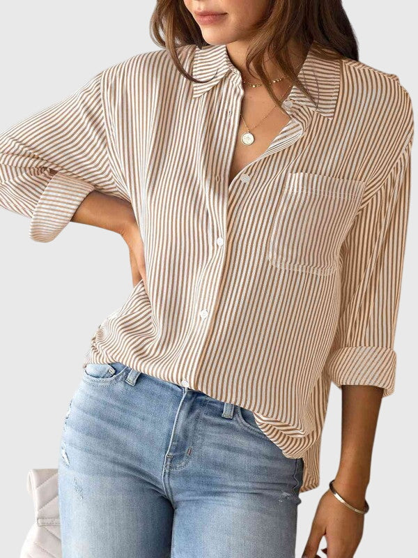 Chic striped long sleeve collared shirt for women, perfect for office, casual, & everyday.
