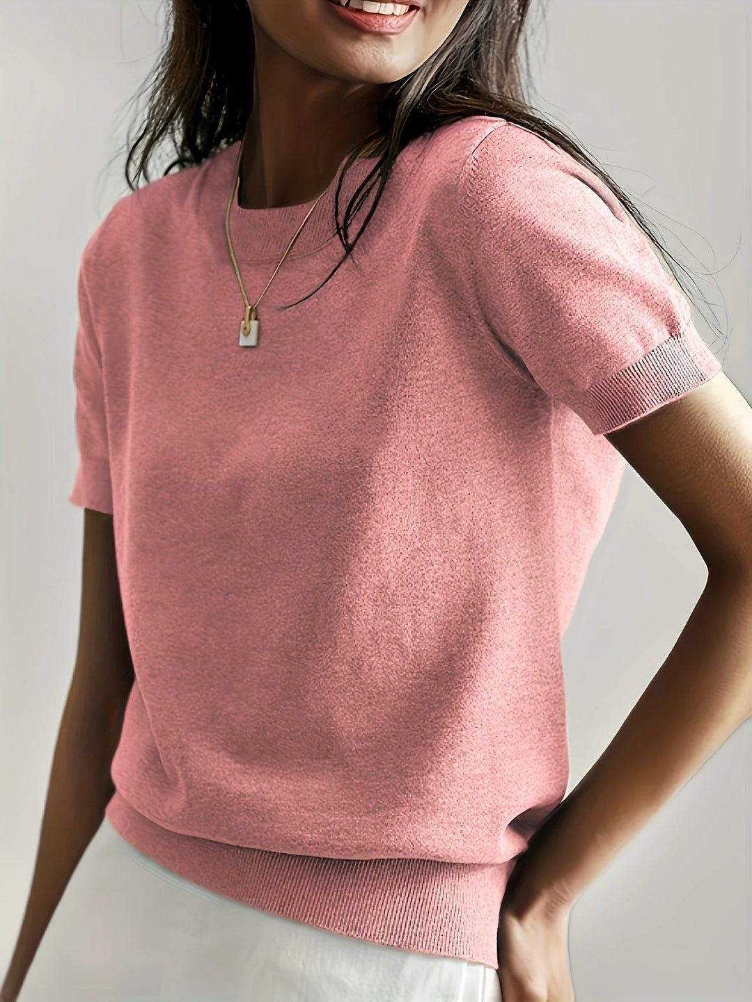 Comfortable women's knit tee, short sleeve, crew neck. A basic, relaxed fit for any occasion.