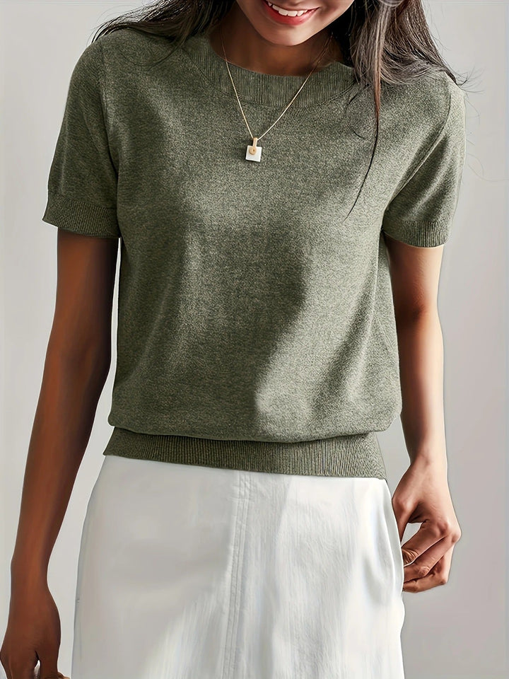 Versatile women's short sleeve knit tee, crew neck. Ideal for everyday wear and elevated style.