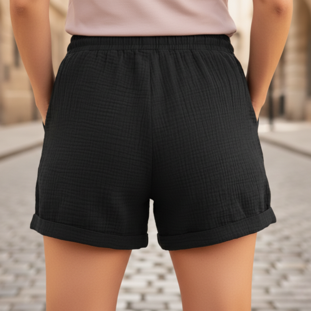 Comfortable women's casual shorts with drawstring waist and practical patch pockets for warm weather.