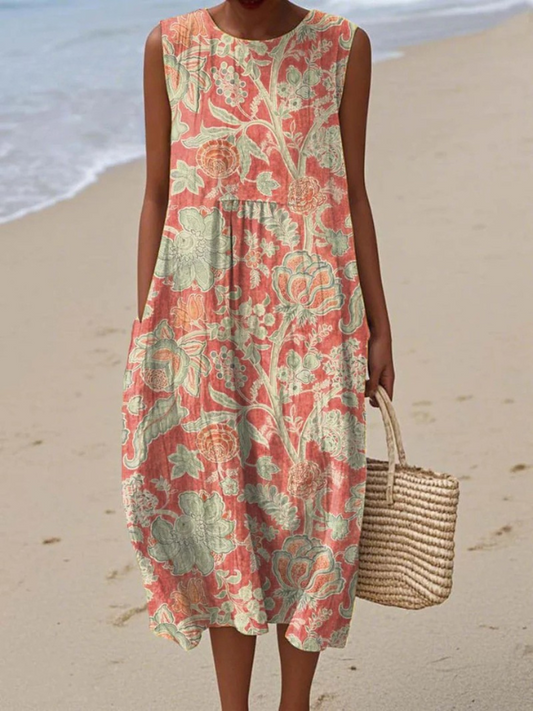 Women's effortless floral midi dress, sleeveless & flowy for elegant summer style, perfect for casual wear or vacation.