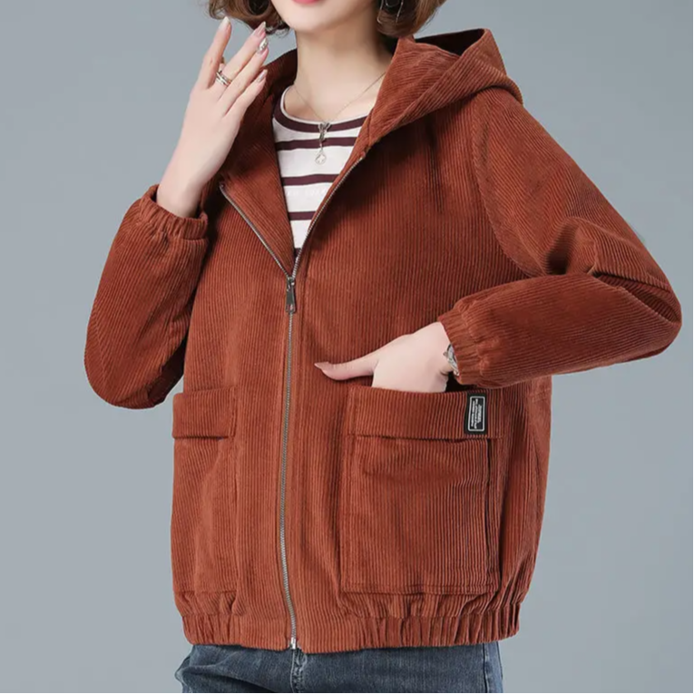 Stylish women's lightweight hooded jacket, a relaxed fit outerwear piece for comfortable, effortless layering.