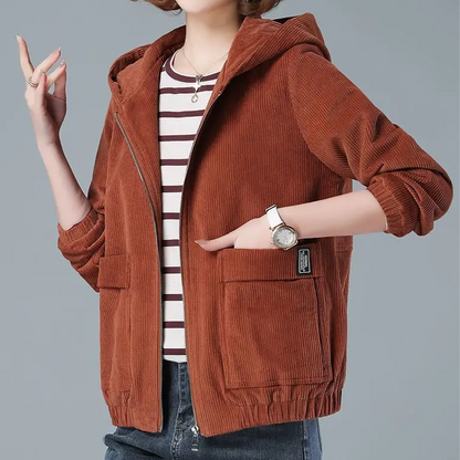 Casual women's hooded jacket featuring practical patch pockets, designed for stylish, lightweight layering.
