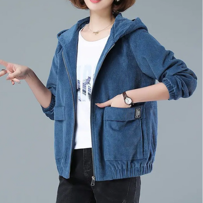 Effortless layering women's hooded jacket, a comfortable, relaxed fit outerwear piece for versatile casual style.