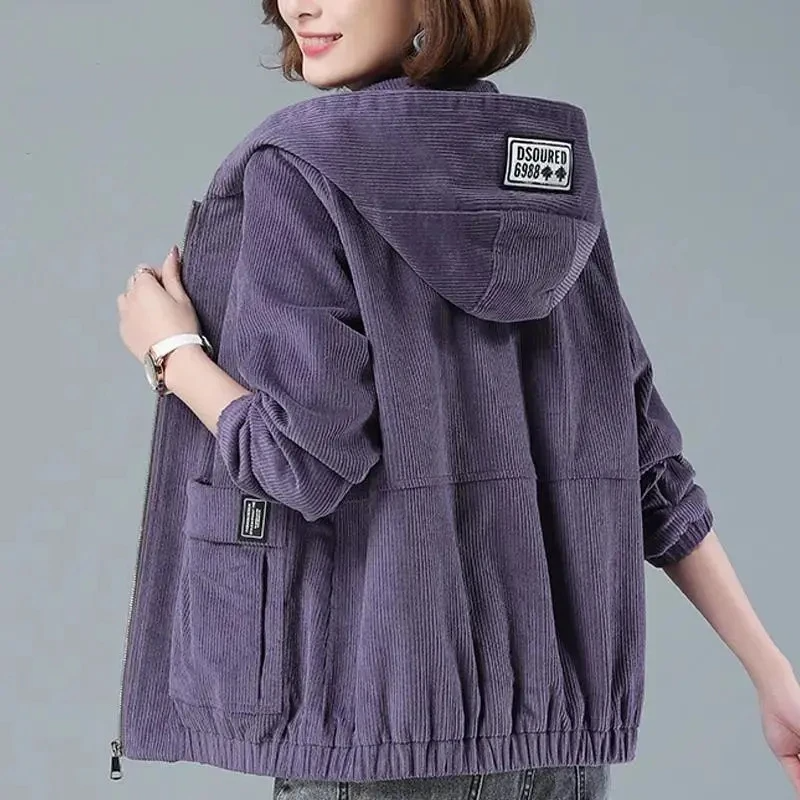 Front view of a women's casual hooded jacket with patch pockets, designed for effortless layering & relaxed fit.