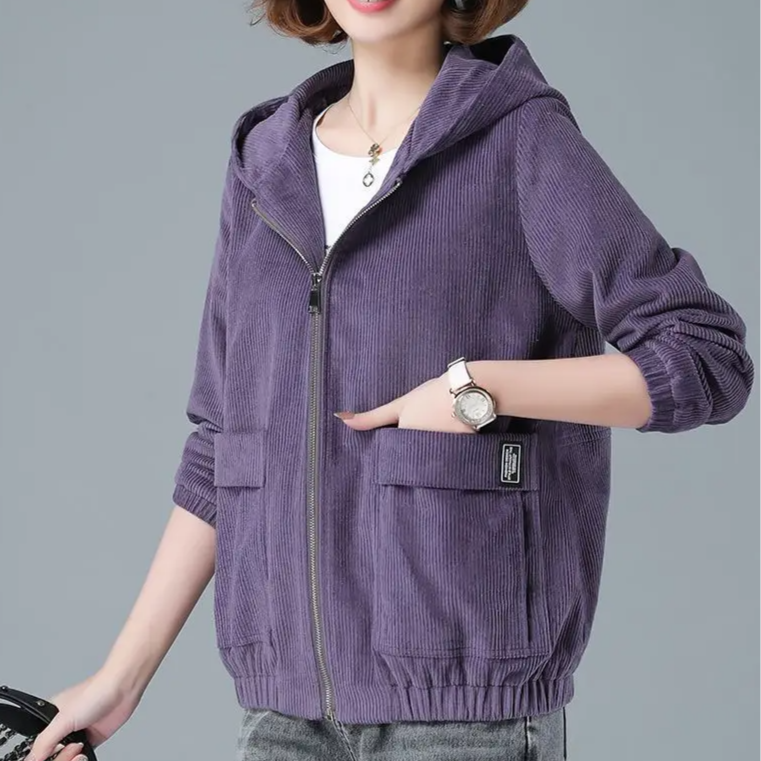 Back view of a women's stylish hooded jacket, featuring a relaxed fit for comfortable, all-season layering outerwear.