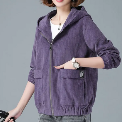 Back view of a women's stylish hooded jacket, featuring a relaxed fit for comfortable, all-season layering outerwear.