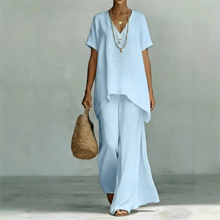 Women's effortless linen two-piece set, wide-leg pants & asymmetrical top, perfect for summer casual wear.