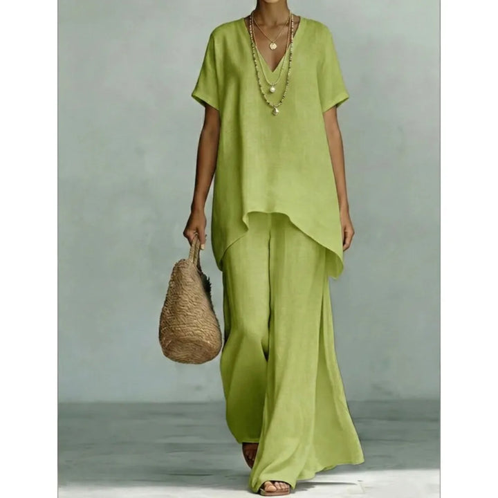 Women's casual linen two-piece set with comfortable wide-leg pants and a stylish asymmetrical top for summer.
