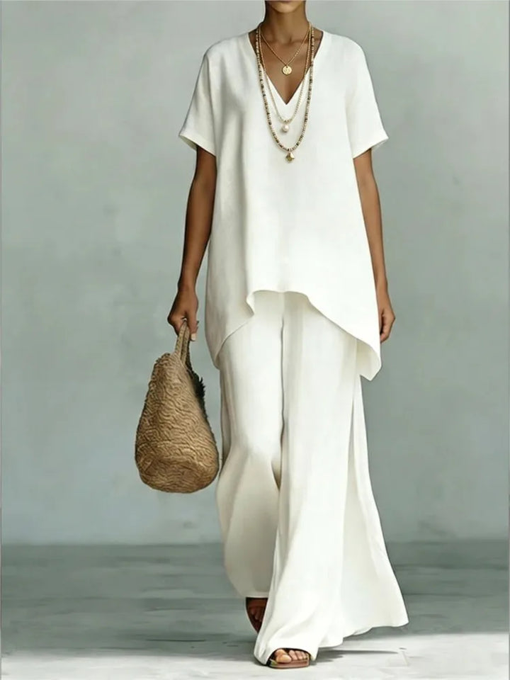Effortless women's linen two-piece set, casual & comfortable wide-leg pants with an asymmetrical top for summer.
