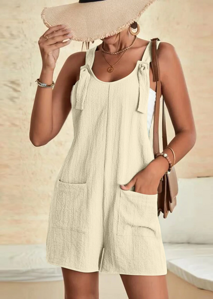 Easy wear women's casual romper, a comfortable one-piece lounge outfit with adjustable tie straps for summer.