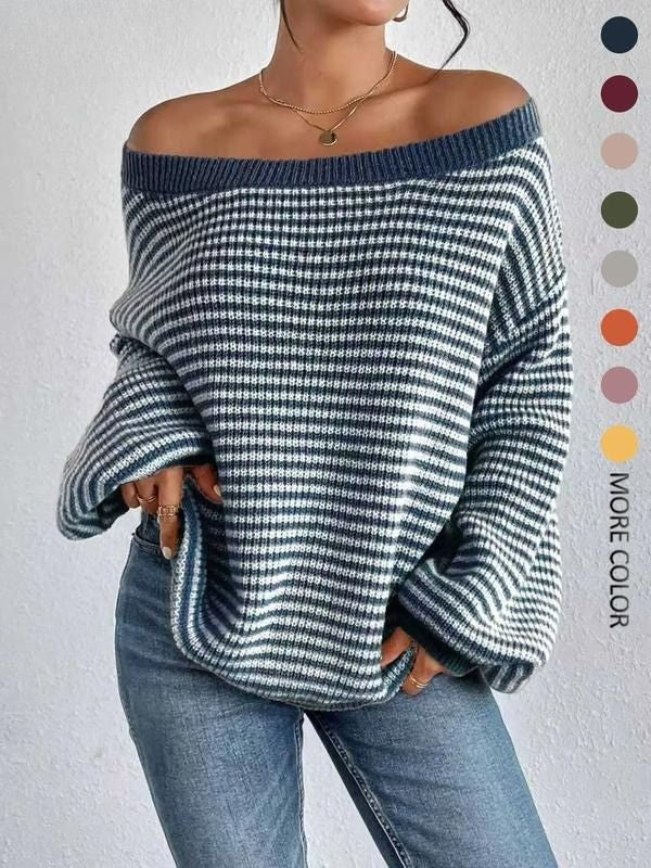 Women's effortless off-shoulder striped knit sweater. Relaxed fit, cozy, stylish everyday wear.
