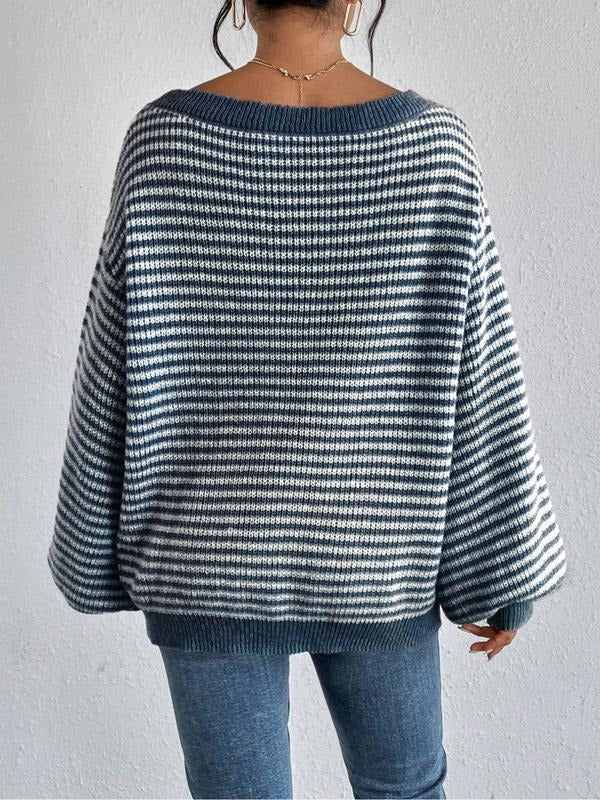 Elegant women's off-shoulder sweater with striped knit. Relaxed fit, perfect for comfortable, stylish casual wear.