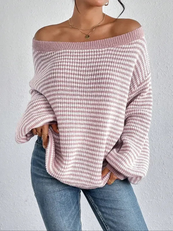 Stylish women's off-shoulder striped knitwear. Comfortable relaxed fit sweater for casual chic outfits.