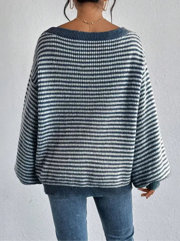 Relaxed fit women's off-shoulder knit sweater. Elegant striped design for stylish and comfortable casual wear.