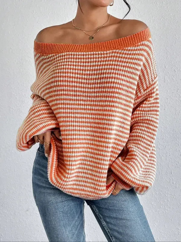 Women's stylish off-shoulder knit sweater. Relaxed fit, striped, cozy knitwear for elegant casual outfits.
