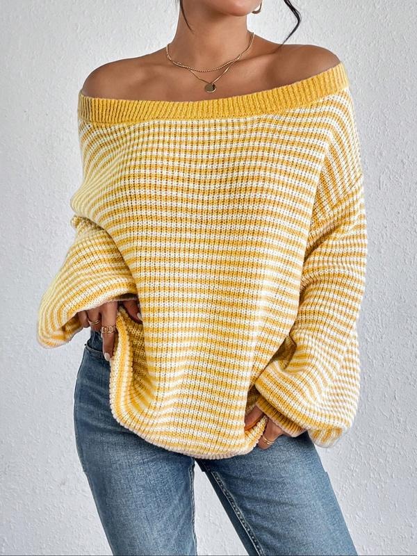 Cozy off-shoulder striped knit sweater for women. Relaxed fit, chic and effortless for daily fashion.