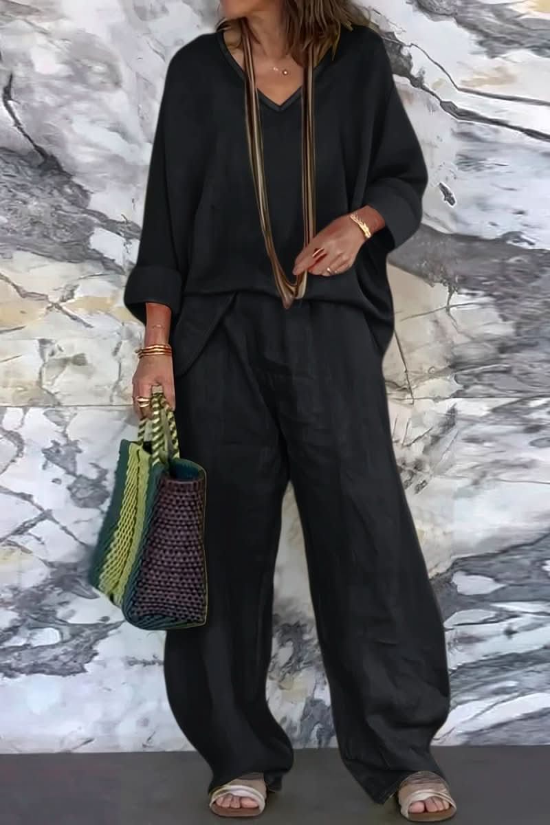 Women's effortless open back pantsuit set for summer. Relaxed fit two-piece matching set, perfect for casual wear.