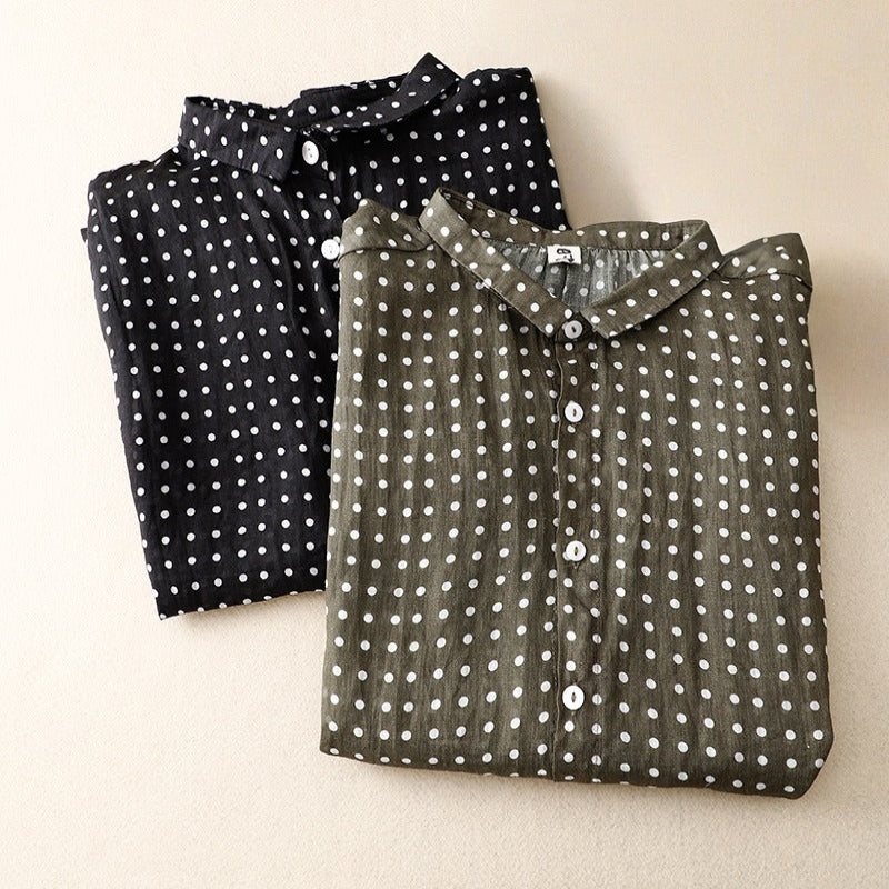 Black polka dot short sleeve women's top, an elegant & versatile casual shirt for everyday chic fashion.