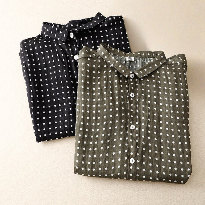 Black polka dot short sleeve women's top, an elegant & versatile casual shirt for everyday chic fashion.