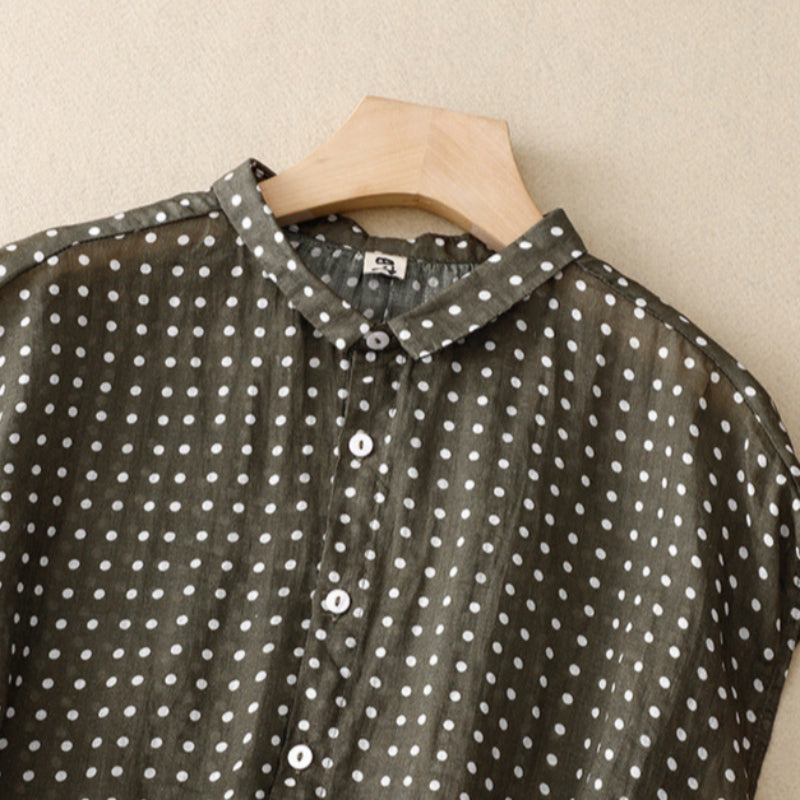 Relaxed fit polka dot short sleeve top for women, ideal for casual outfits & comfortable summer fashion.