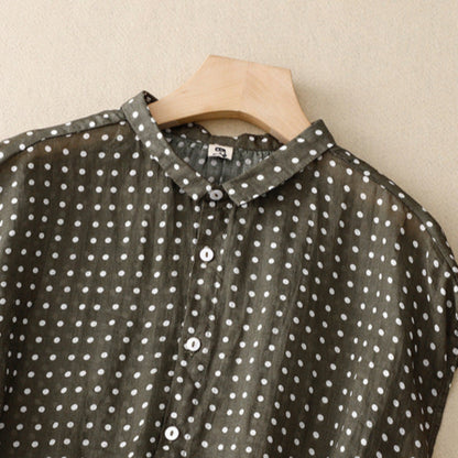 Relaxed fit polka dot short sleeve top for women, ideal for casual outfits & comfortable summer fashion.