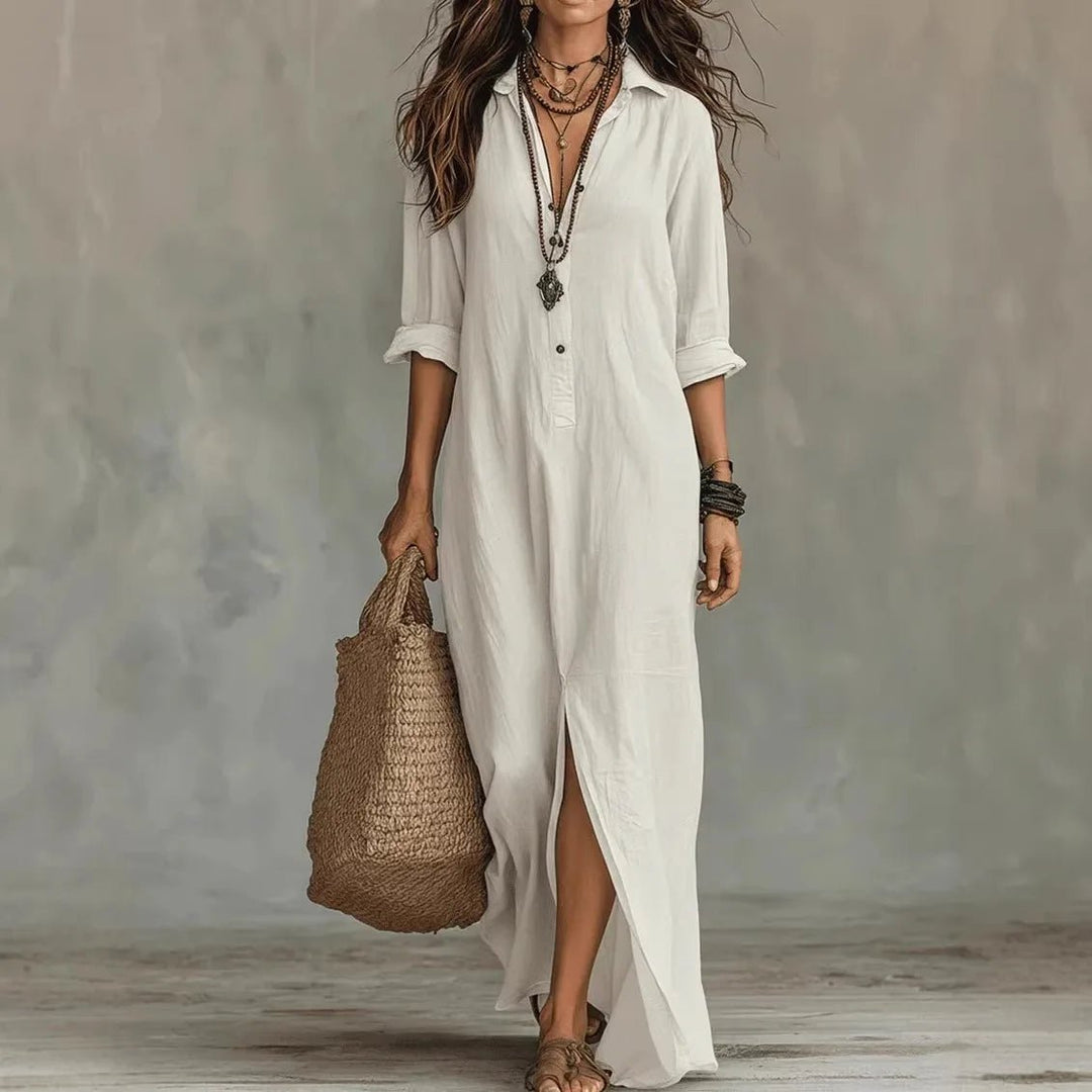 Women's Effortless Side Split Maxi Dress with 3/4 sleeves & half buttons. Perfect casual summer dress.