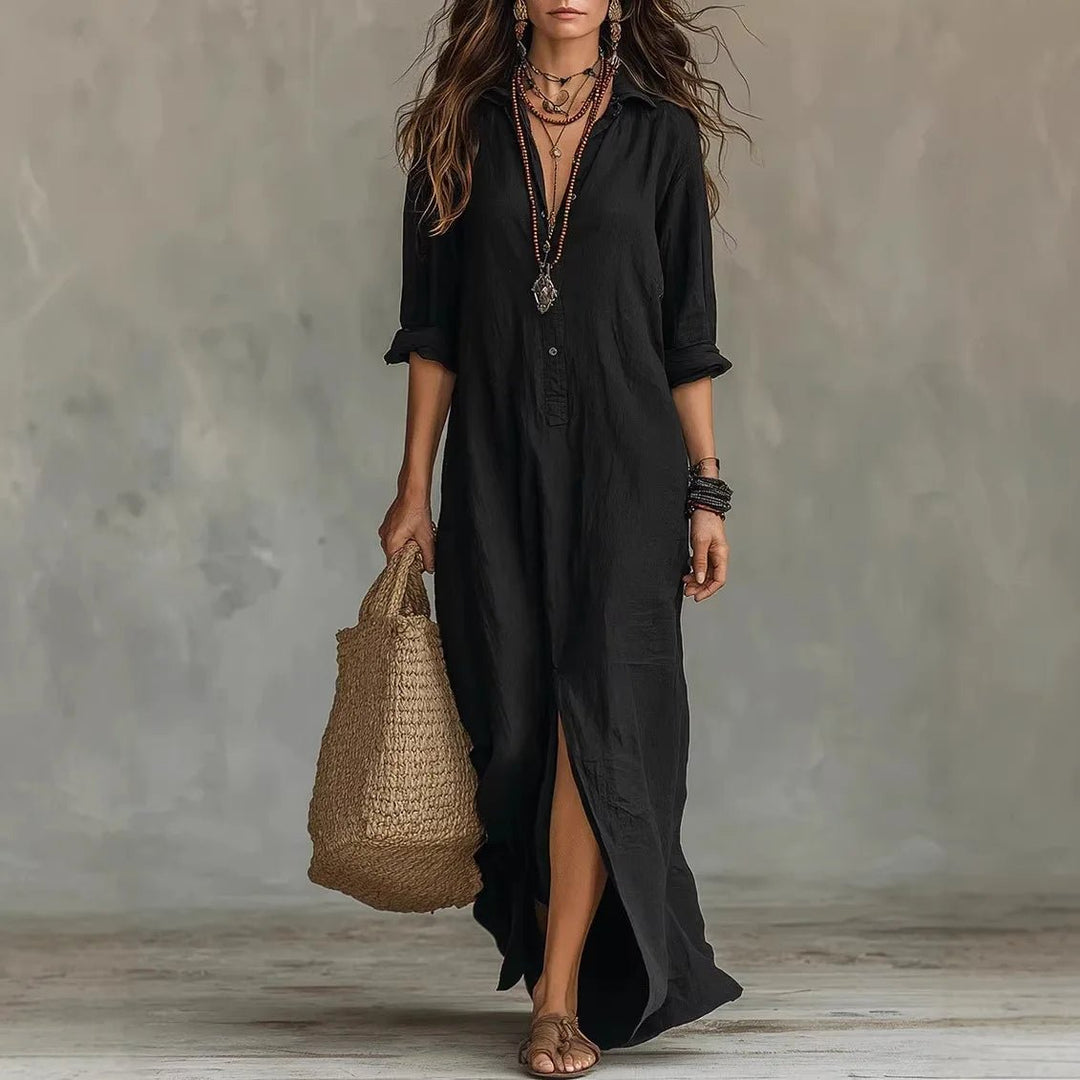 Comfortable women's maxi dress with 3/4 sleeves, side split & relaxed fit. Ideal for everyday or beach.