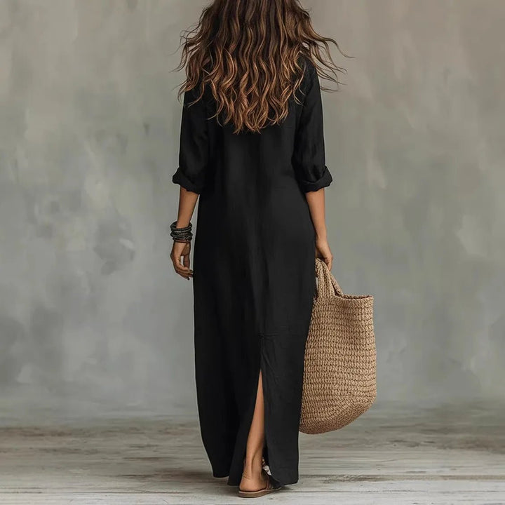 Boho chic women's 3/4 sleeve shirt maxi dress with side split, great for summer or as a beach cover-up.