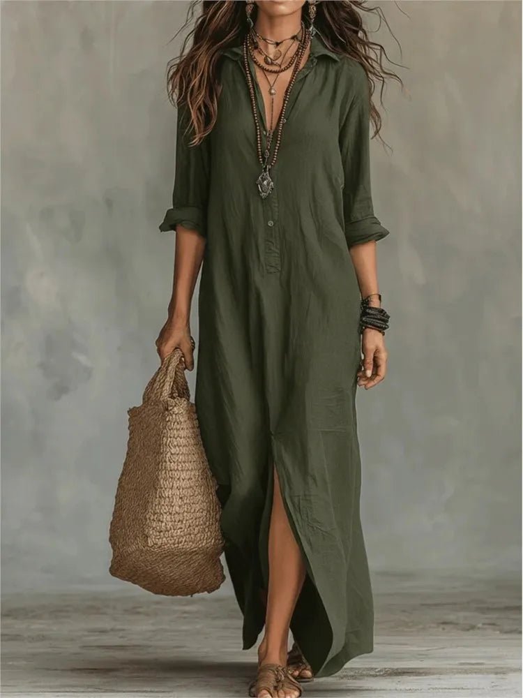 Stylish women's side split maxi dress with 3/4 sleeves. Casual half-button design for summer or beach days.