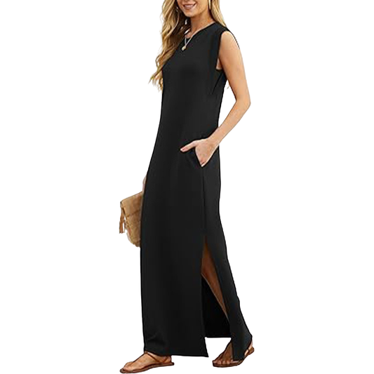 Women's effortless sleeveless boho maxi dress. Floral print, flowy, comfortable beach & summer vacation outfit.