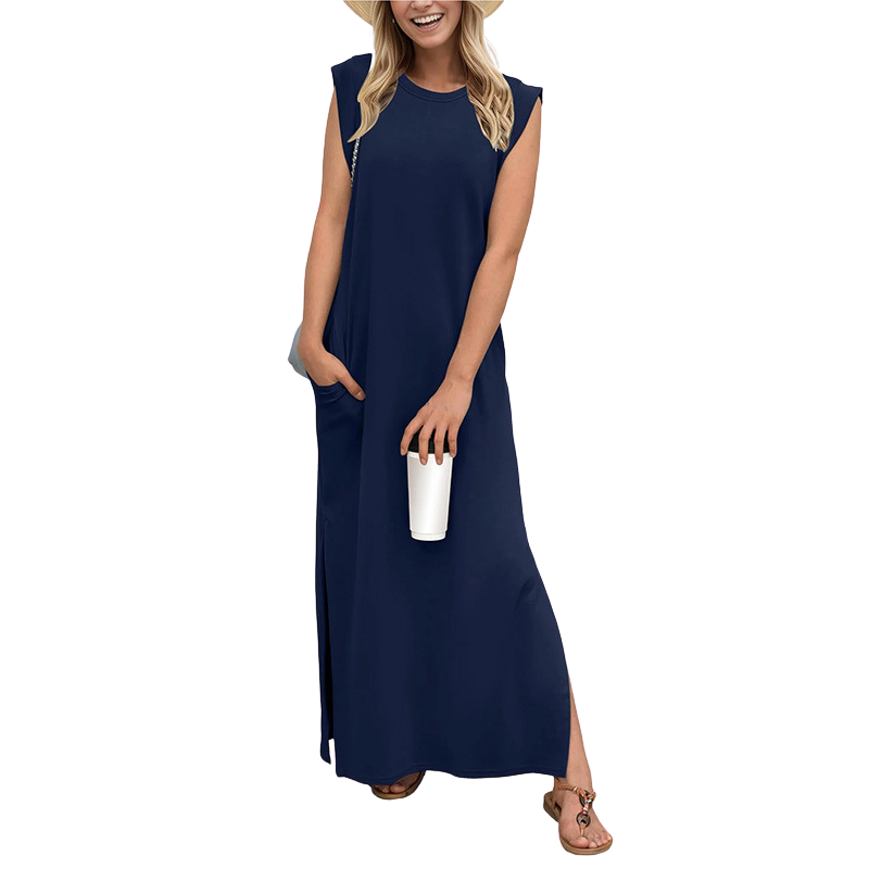 Vibrant floral print long maxi dress for women. Sleeveless cami style, ideal for summer beach & boho fashion.
