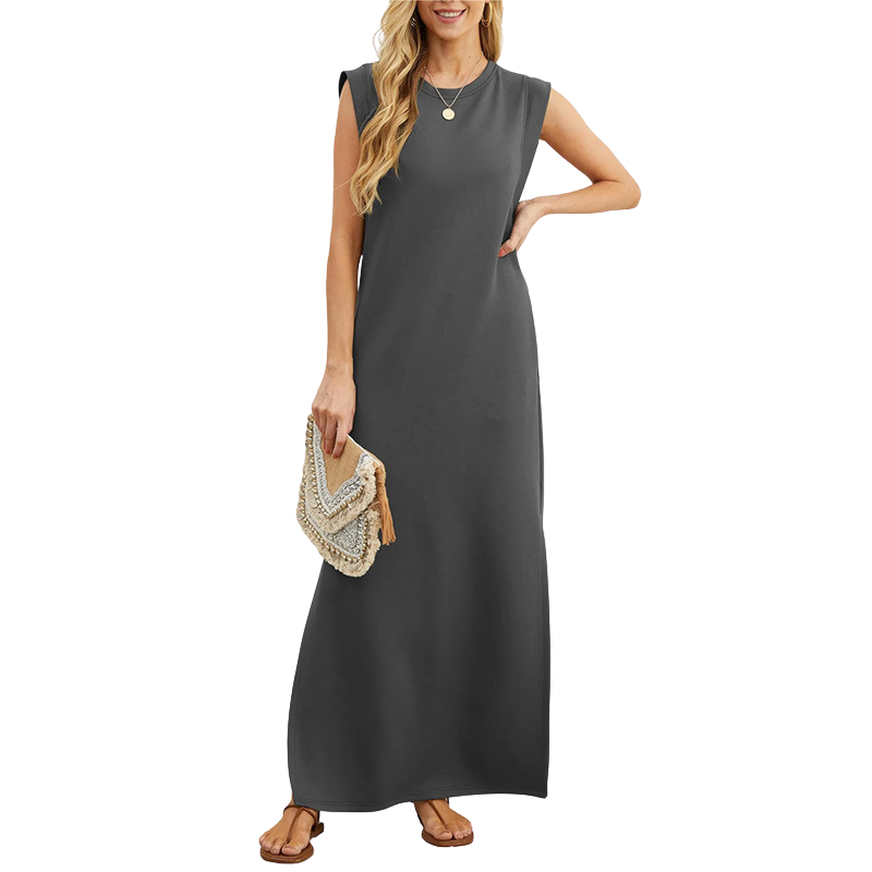 Effortless women's boho sleeveless maxi dress with floral print. Versatile summer, beach, and vacation outfit.