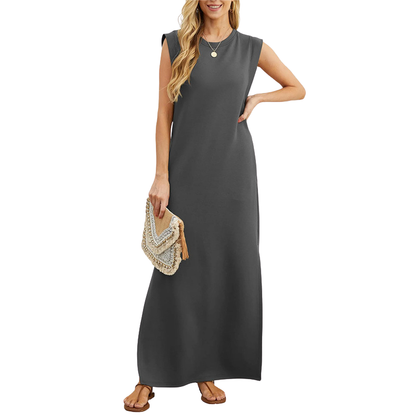Effortless women's boho sleeveless maxi dress with floral print. Versatile summer, beach, and vacation outfit.
