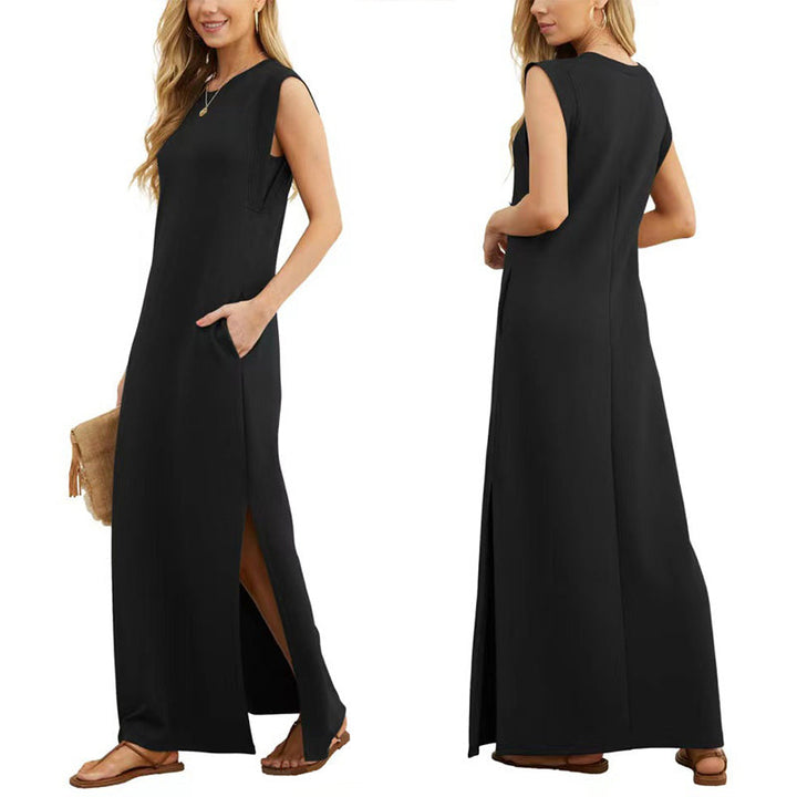 Versatile women's flowy sleeveless maxi dress, great for beach wear or elegant everyday style.