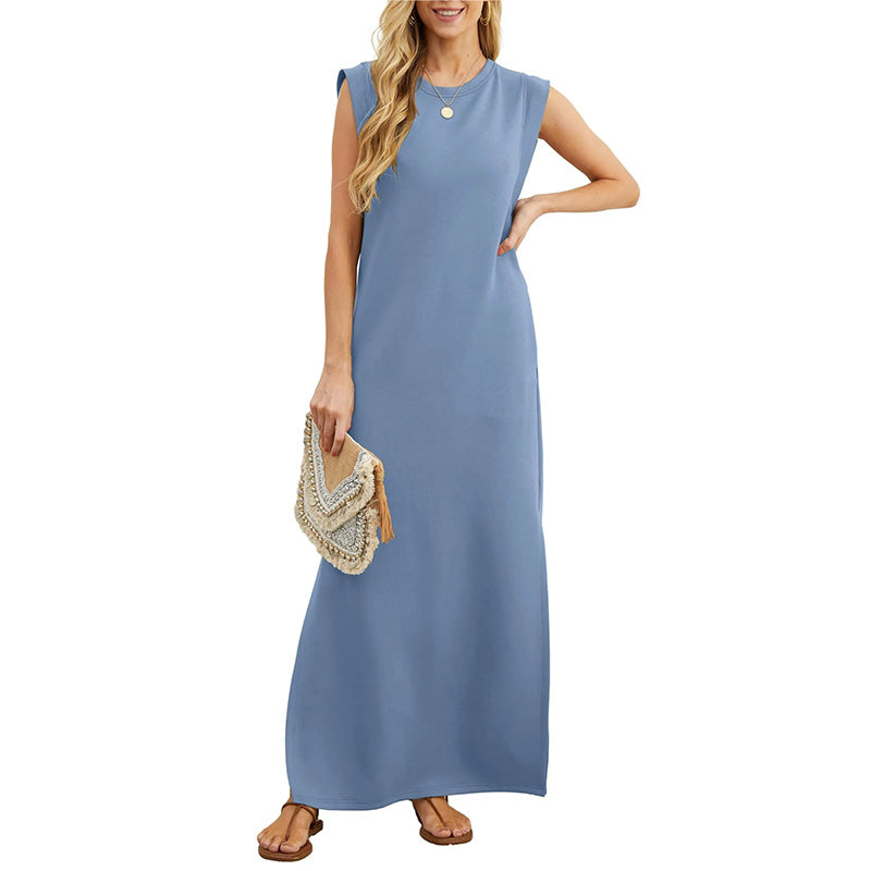Stylish women's sleeveless maxi dress, perfect for casual elegance & comfortable summer vibes.