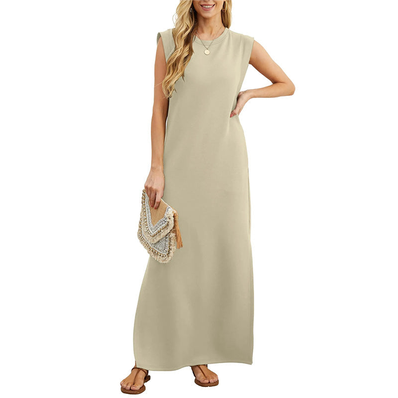 Flowy women's sleeveless maxi dress, embodying effortless style for summer comfort & versatility.