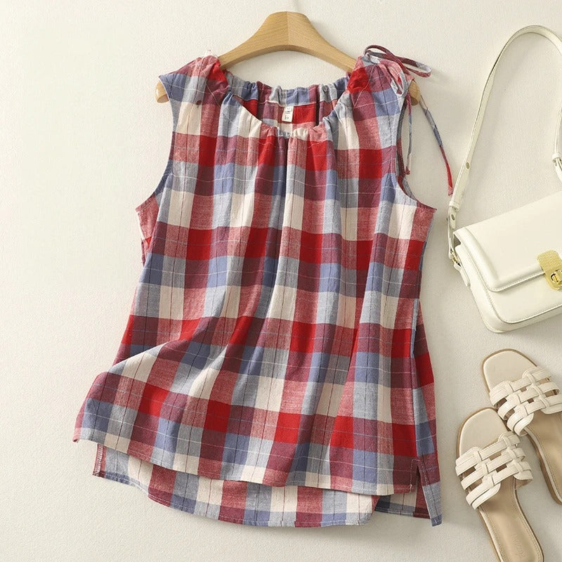 Women's effortless sleeveless tie neck top. Relaxed fit, perfect for casual summer wear. Comfortable fashion.