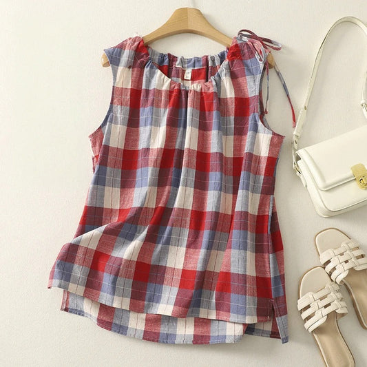 Women's effortless sleeveless tie neck top. Relaxed fit, perfect for casual summer wear. Comfortable fashion.