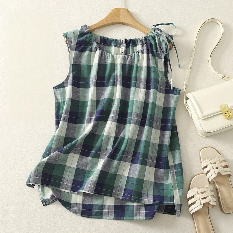 Comfortable women's sleeveless top with a chic tie neck. Easy wear design for casual summer fashion.